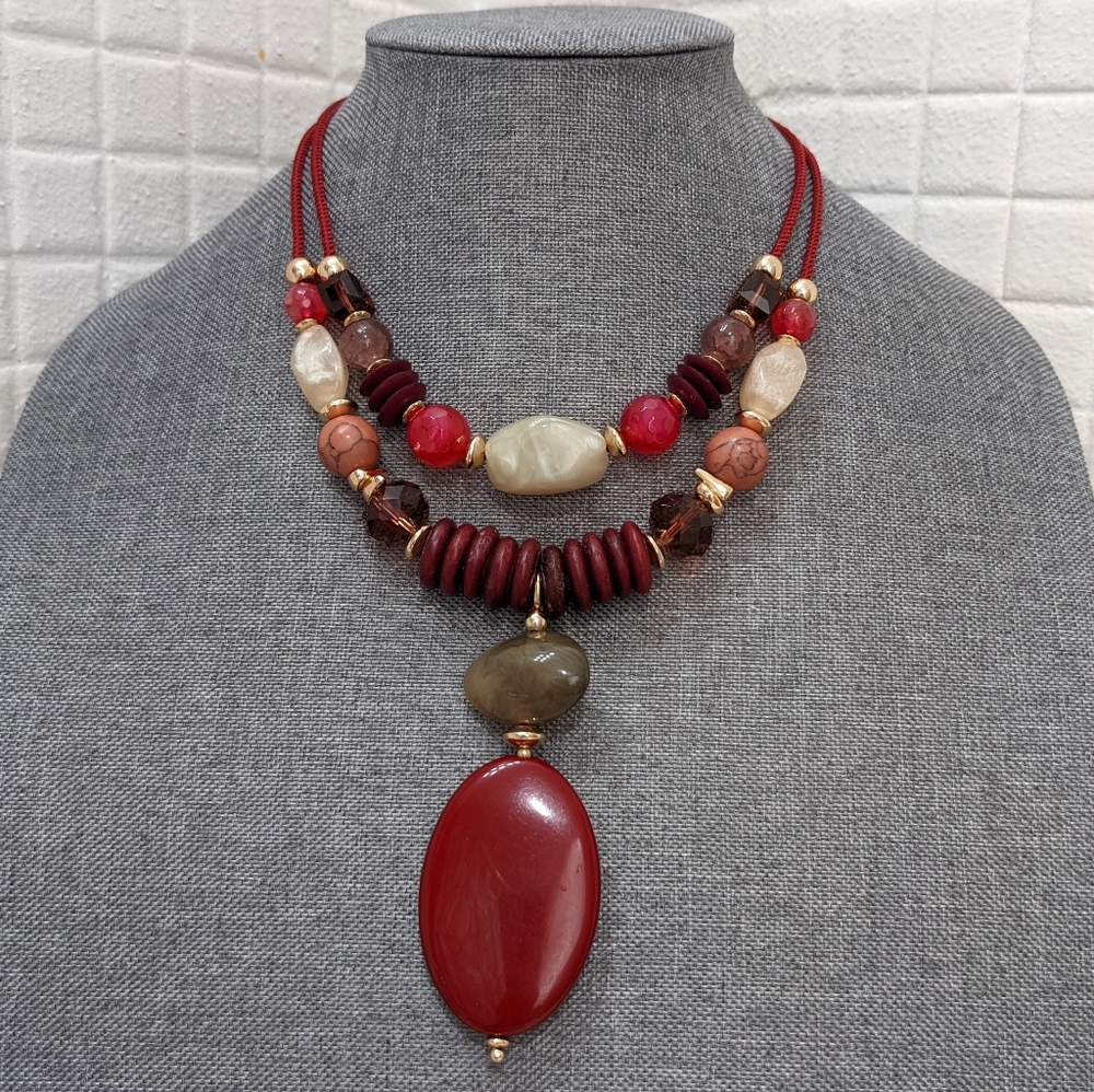Chico's Burgandy Multi-layer Beaded Necklace and Earring Set - Picture 2 of 4